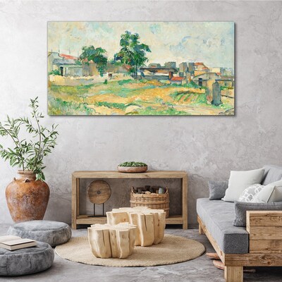 Foto op canvas Landschap met een boom en gebouwen