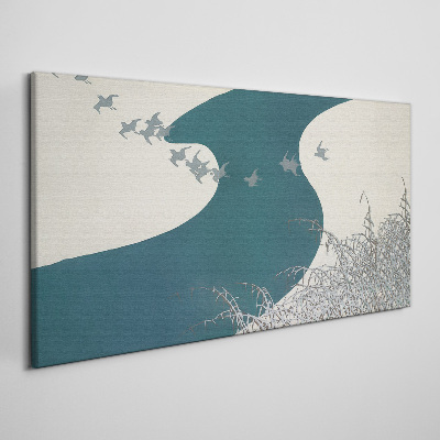 Schilderij op doek Een kalme rivier met vogels die wegvliegen