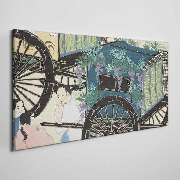 Foto op canvas Een scène met een kinderwagen tegen een achtergrond van bloemen