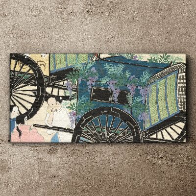 Foto op canvas Een scène met een kinderwagen tegen een achtergrond van bloemen