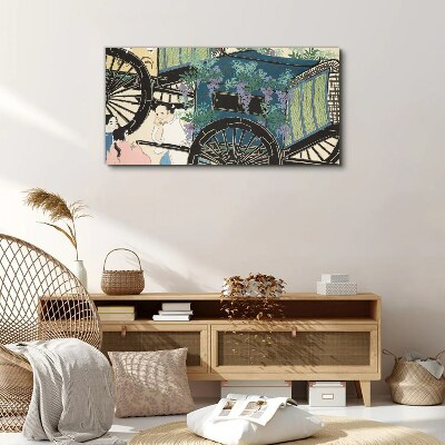 Foto op canvas Een scène met een kinderwagen tegen een achtergrond van bloemen