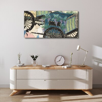 Foto op canvas Een scène met een kinderwagen tegen een achtergrond van bloemen