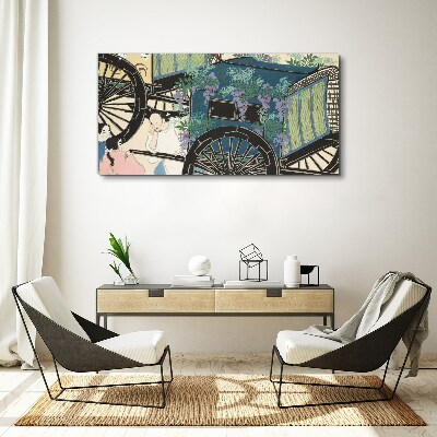 Foto op canvas Een scène met een kinderwagen tegen een achtergrond van bloemen