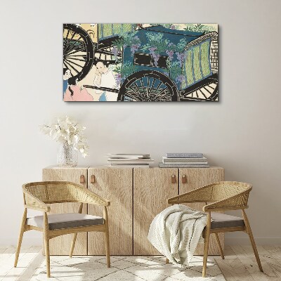 Foto op canvas Een scène met een kinderwagen tegen een achtergrond van bloemen