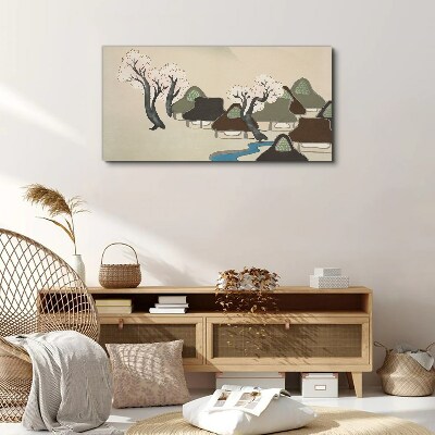 Foto op canvas Een vredig landschap met huizen en bomen