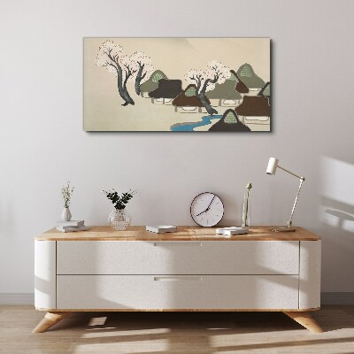 Foto op canvas Een vredig landschap met huizen en bomen