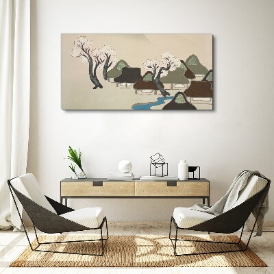 Foto op canvas Een vredig landschap met huizen en bomen