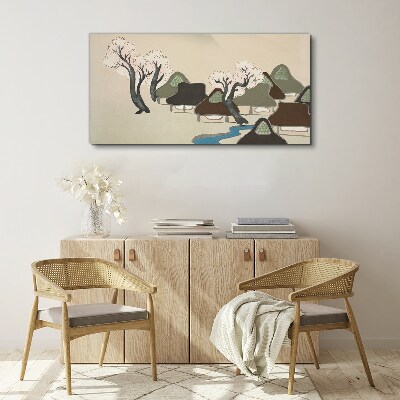 Foto op canvas Een vredig landschap met huizen en bomen