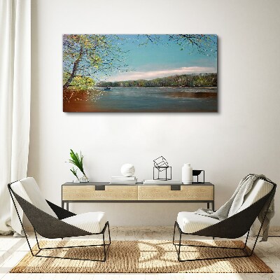 Schilderij op doek Een vredig landschap aan de rivier