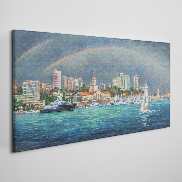 Canvas schilderij Zeepanorama met een regenboog