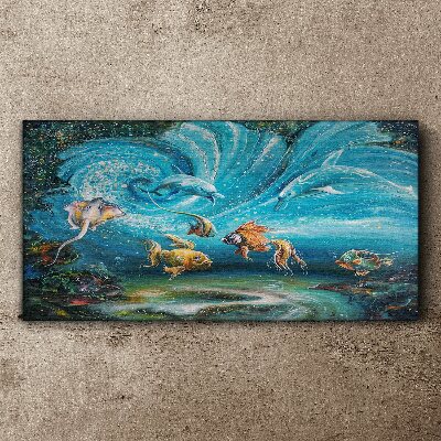 Schilderij op doek Onderwaterdans van dolfijnen en vissen