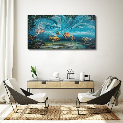 Schilderij op doek Onderwaterdans van dolfijnen en vissen