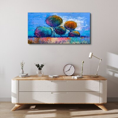 Schilderij op doek Kleurrijke bomen op een blauwe achtergrond