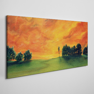 Schilderij op doek Zonsondergang over een groene heuvel