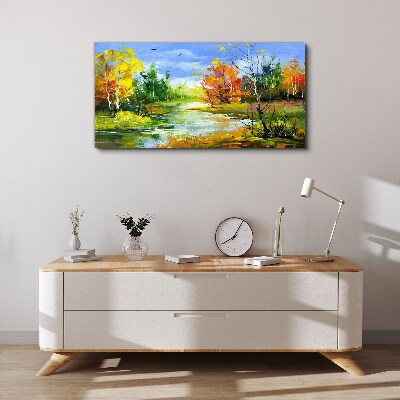 Schilderij op doek Herfstlandschap aan de rivier