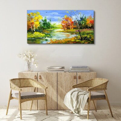 Schilderij op doek Herfstlandschap aan de rivier