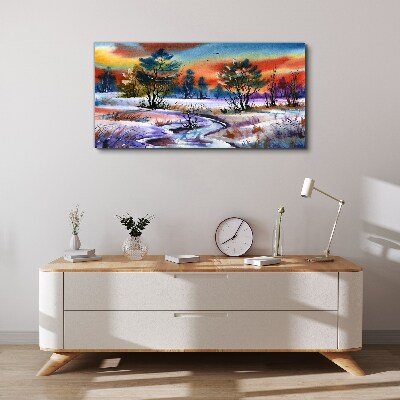 Canvas schilderij Een winterlandschap in regenboogkleuren