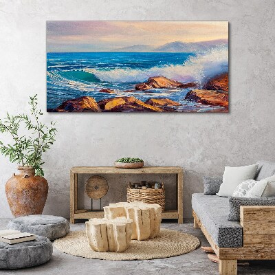 Foto op canvas Golven aan de kust bij zonsondergang