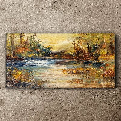 Schilderij op doek Herfstrivier in gouden kleuren