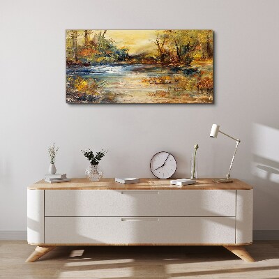 Schilderij op doek Herfstrivier in gouden kleuren