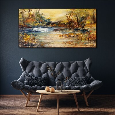 Schilderij op doek Herfstrivier in gouden kleuren