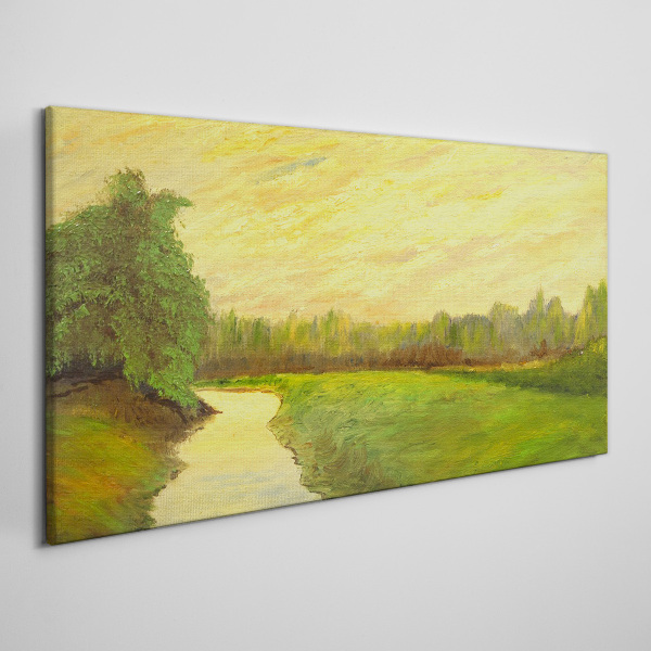 Foto op canvas Een vredig landschap met een rivier en bomen