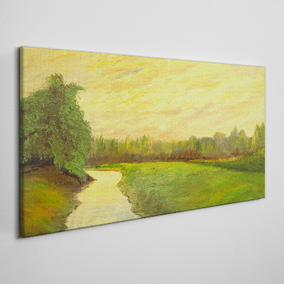 Foto op canvas Een vredig landschap met een rivier en bomen