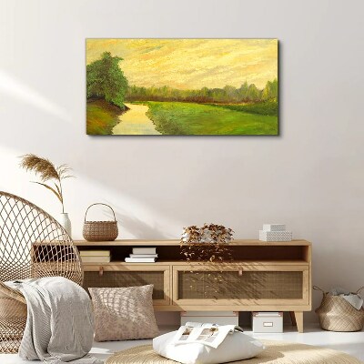 Foto op canvas Een vredig landschap met een rivier en bomen