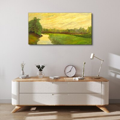 Foto op canvas Een vredig landschap met een rivier en bomen