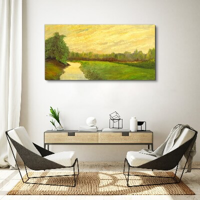 Foto op canvas Een vredig landschap met een rivier en bomen