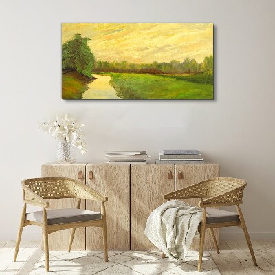 Foto op canvas Een vredig landschap met een rivier en bomen