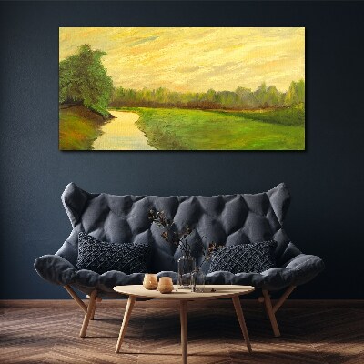 Foto op canvas Een vredig landschap met een rivier en bomen