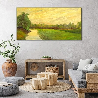 Foto op canvas Een vredig landschap met een rivier en bomen