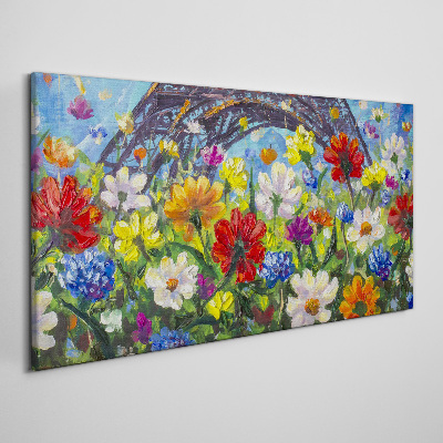 Canvas schilderij Bloemenlandschap met de Eiffeltoren