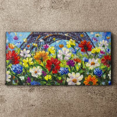 Canvas schilderij Bloemenlandschap met de Eiffeltoren
