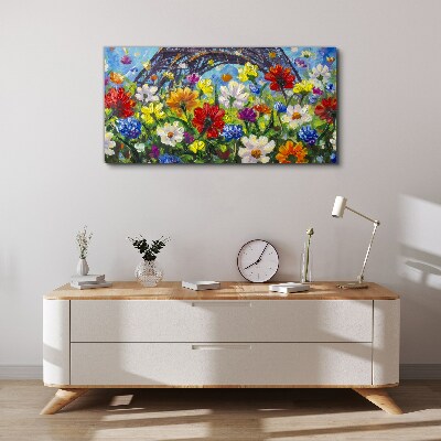 Canvas schilderij Bloemenlandschap met de Eiffeltoren