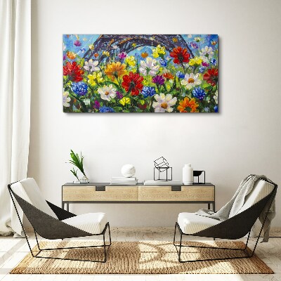 Canvas schilderij Bloemenlandschap met de Eiffeltoren