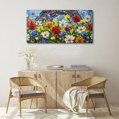 Canvas schilderij Bloemenlandschap met de Eiffeltoren