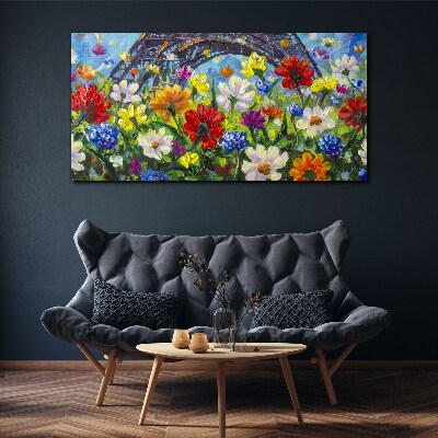 Canvas schilderij Bloemenlandschap met de Eiffeltoren