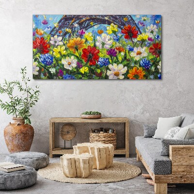Canvas schilderij Bloemenlandschap met de Eiffeltoren