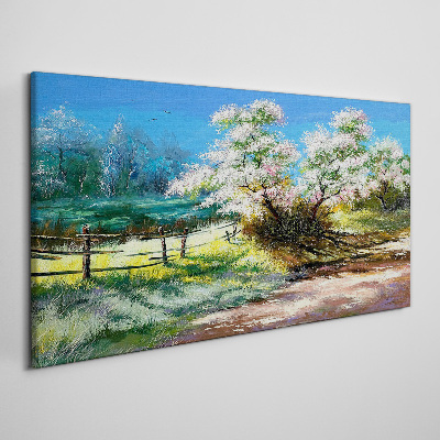Canvas schilderij Lentelandschap met bloeiende bomen