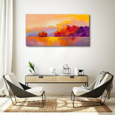 Foto op canvas Kleurrijke zonsondergang over de weide