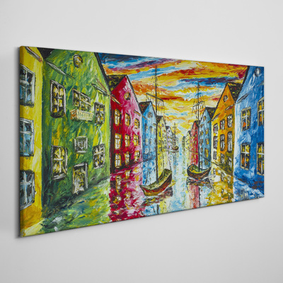 Canvas schilderij Kleurrijke huurkazernes aan de rivier