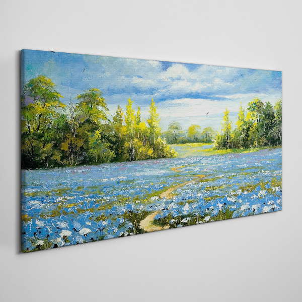 Canvas schilderij Lentelandschap met blauwe bloemen