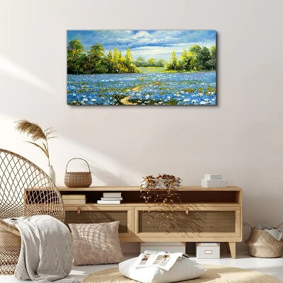 Canvas schilderij Lentelandschap met blauwe bloemen