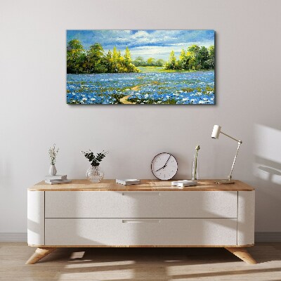 Canvas schilderij Lentelandschap met blauwe bloemen