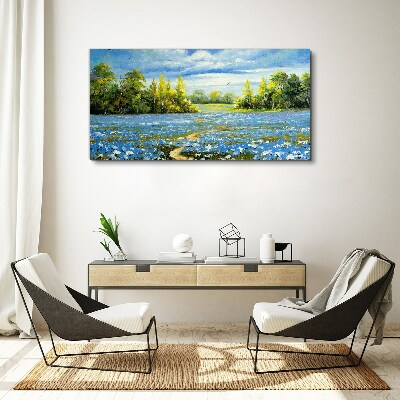 Canvas schilderij Lentelandschap met blauwe bloemen