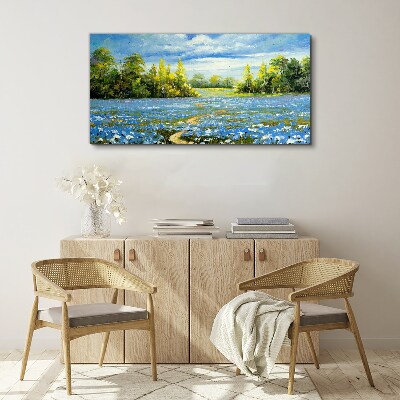 Canvas schilderij Lentelandschap met blauwe bloemen