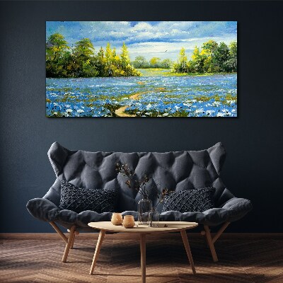 Canvas schilderij Lentelandschap met blauwe bloemen
