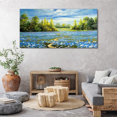 Canvas schilderij Lentelandschap met blauwe bloemen